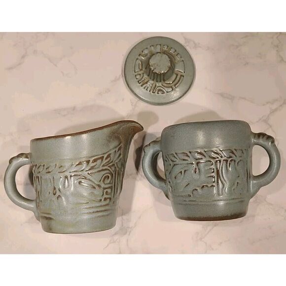 Vintage Frankoma Pottery Mayan Aztec Blue/Green Creamer 7A & Lidded Sugar 7B - Picture 8 of 8